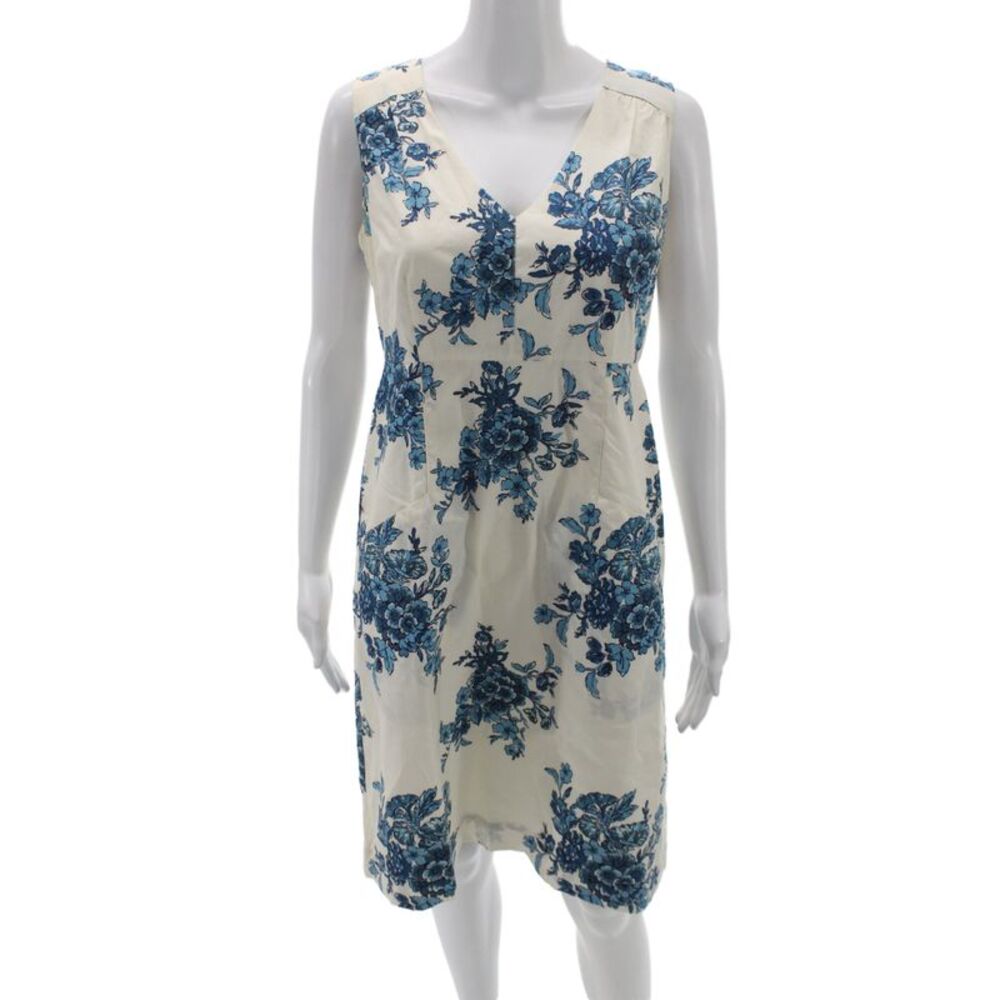 Joules Womens Ivory Floral Cotton Sleeveless V-Neck Shift Dress Zip Size 8